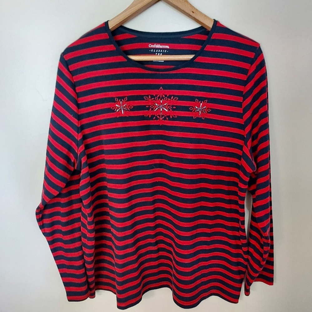 Croft & Barrow Red Navy Striped Beaded Snowflake Embroidered Long Sleeve Tee 1X